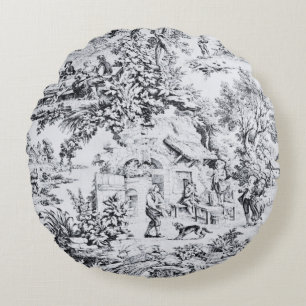 French Black White Toile Chinoiserie Rustic Style Round Pillow