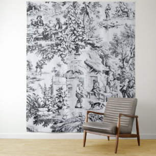 French Black White Toile Chinoiserie Rustic Style  Tapestry