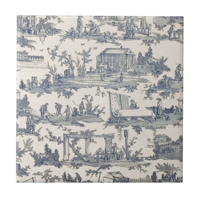 French Blue and Ivory Toile Ceramic Tile (Front)