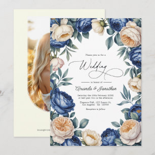 French Blue and Ivory Watercolor Floral Wedding Invitation
