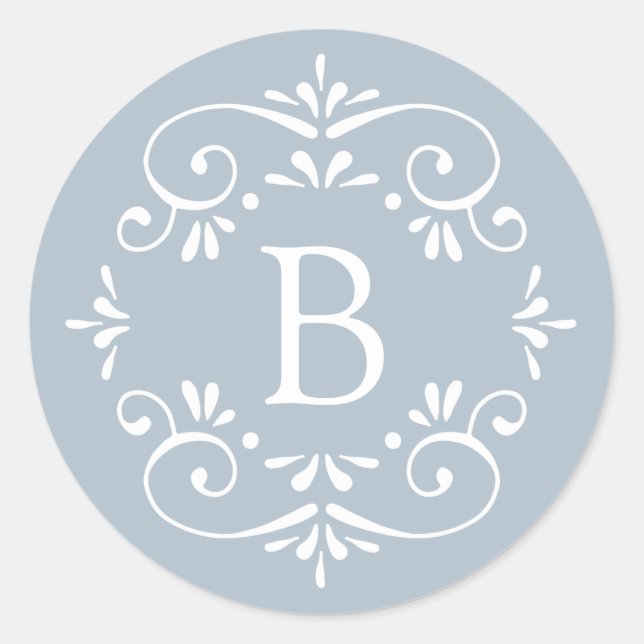 French Blue and White Elegant Monogram Classic Round Sticker (Front)