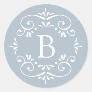 French Blue and White Elegant Monogram Classic Round Sticker