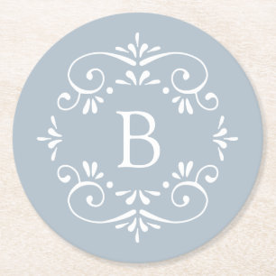 French Blue and White Elegant Monogram Round Paper Coaster