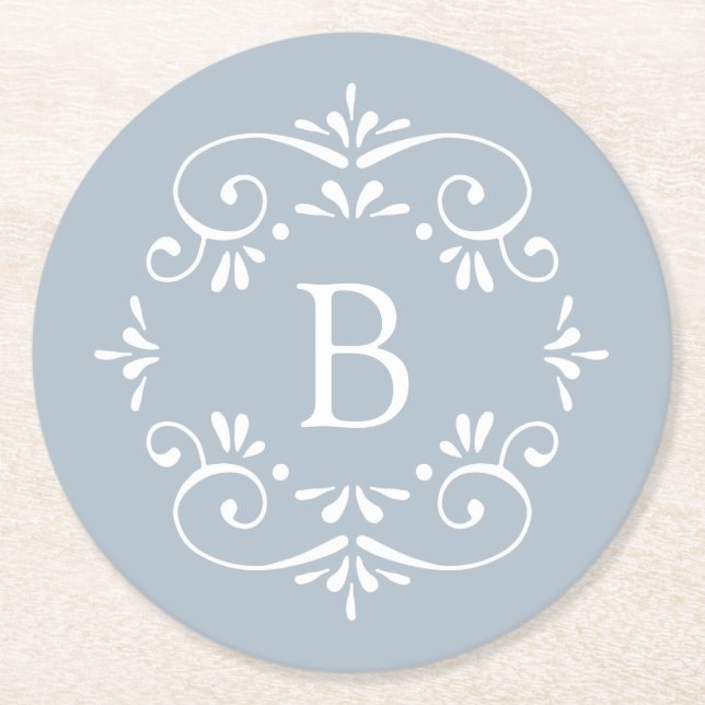 French Blue and White Elegant Monogram Round Paper Coaster (Front)