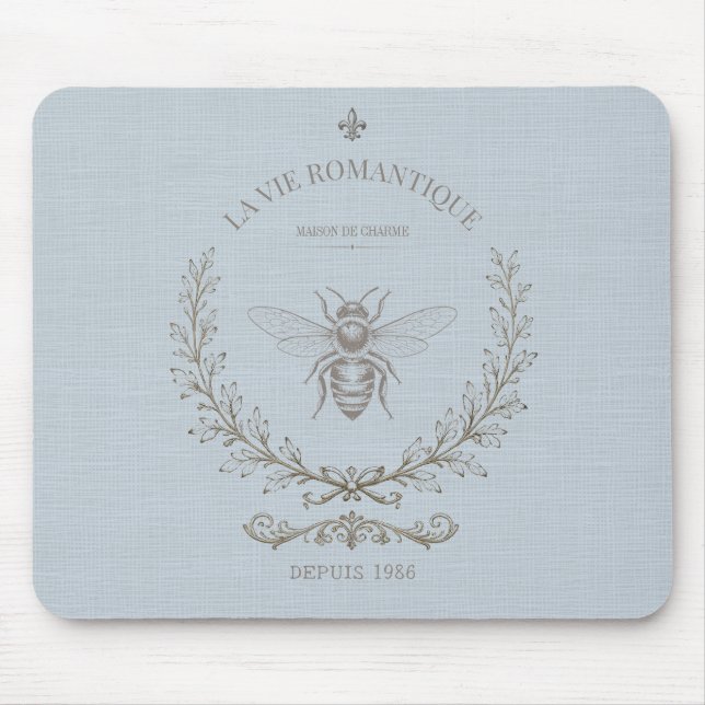 French Blue Bee Engraving | French Country Rustic  Mouse Pad (Front)