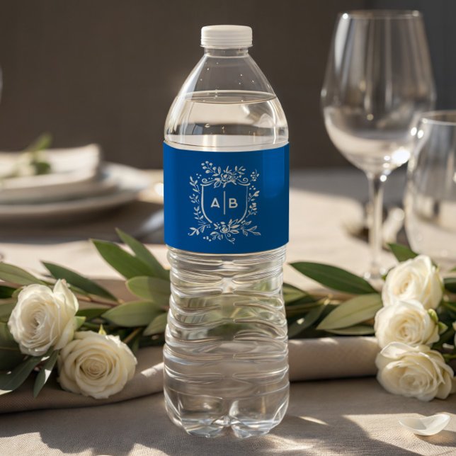 French Blue Botanical Crest Wedding Monogram Water Bottle Label (Creator Uploaded)