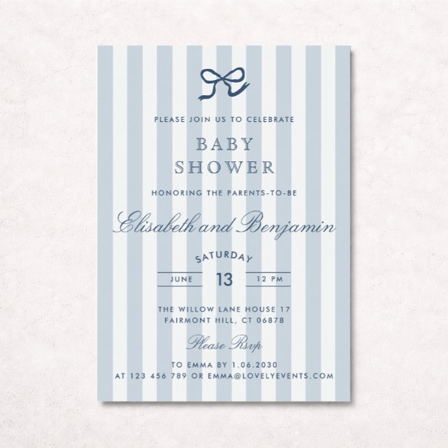 French Blue Bow & Stripes Baby Shower Invitation (Creator Uploaded)