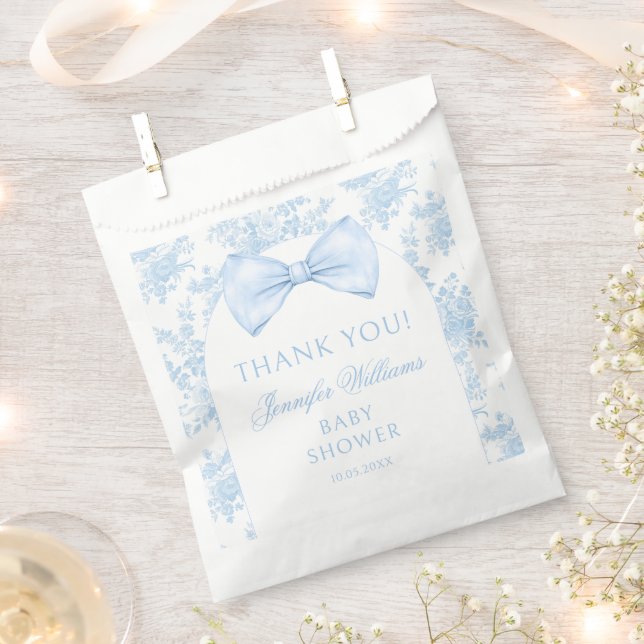 French Blue Bow Tie Toile Flower Baby Boy Shower Favour Bag (Clipped)