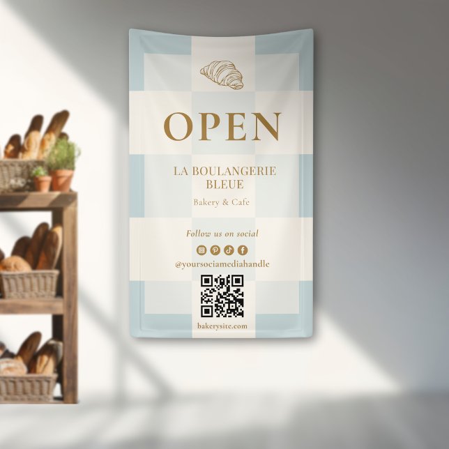 French Blue Checkered Croissant QR Bakery Display Banner (Creator Uploaded)