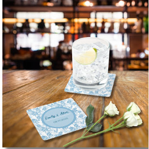 French Blue Chinoiserie Toile Grandmillennial Square Paper Coaster