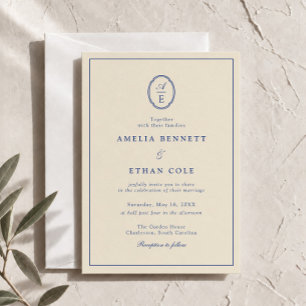 French Blue Classic Monogram Wedding Invitation