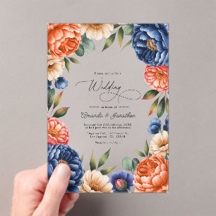 French Blue, Coral, and Sand Beige Floral Wedding Acrylic Invitations