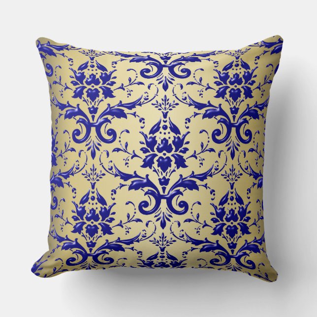 French Blue Damask Pattern with Gold Throw Pillow (Front)