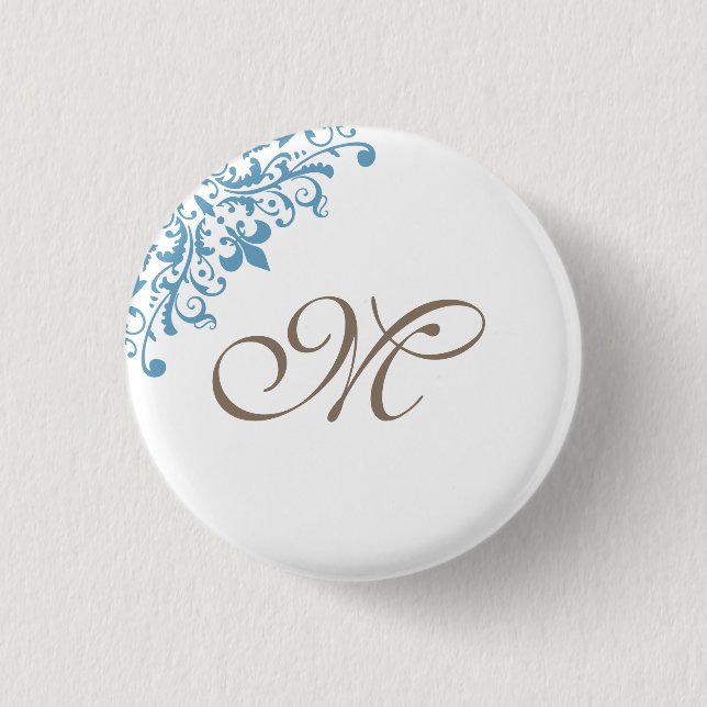 French Blue Fleur de Lis Initial Script Monogram 1 Inch Round Button (Front)