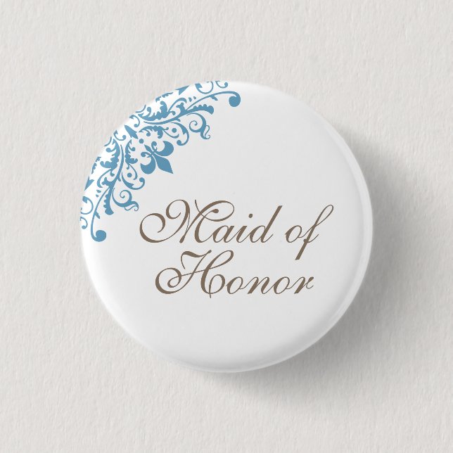 French Blue Fleur de Lis Script Maid of Honour 1 Inch Round Button (Front)