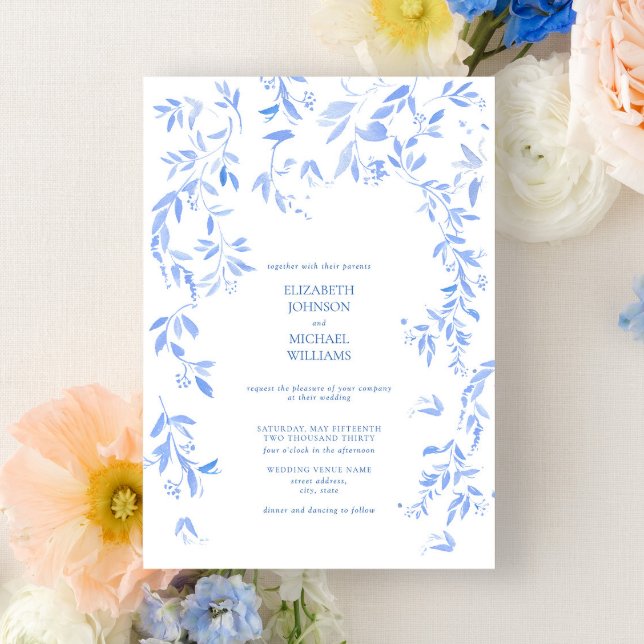 French Blue Floral Botanical Wedding  Invitation (Creator Uploaded)