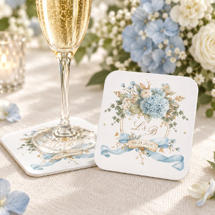 French Blue Floral Monogram Crest Wedding Square Paper Coaster