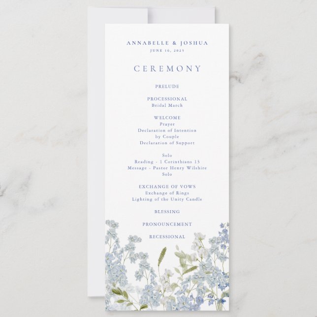 French Blue Florals Wedding Ceremony Program (Front)
