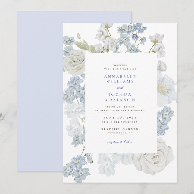 French Blue Florals Wedding Invitation (Front/Back)
