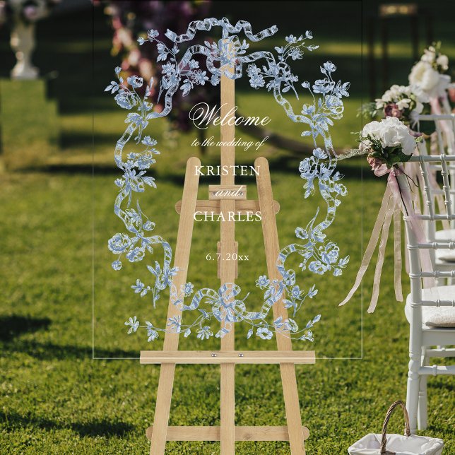  French Blue Flowers & Ribbons Wedding Welcome Acrylic Sign (Creator Uploaded)