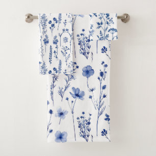 French Blue Garden Wildflowers Pattern Bath Towel Set