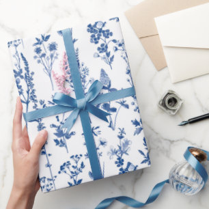 French Blue Garden Wildflowers Pattern Wrapping Paper