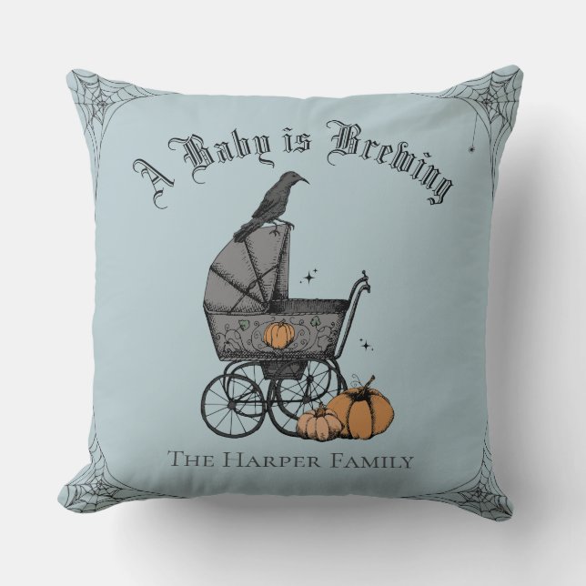 French Blue Gothic A Baby is Brewing Family Custom Throw Pillow (Front)