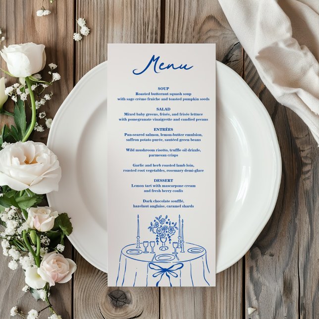 French Blue Hand Drawn Champagne Whimsical Wedding Menu (Creator Uploaded)