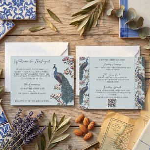French Blue Hand-Drawn Peacock Wedding Itinerary