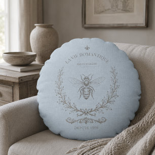 French Blue Honey Bee Vintage French Country Round Pillow