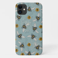 French Blue Honeybee and Flowers Pattern