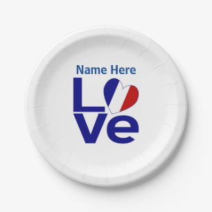 French Blue LOVE Heart Flag Personalized Party Paper Plate
