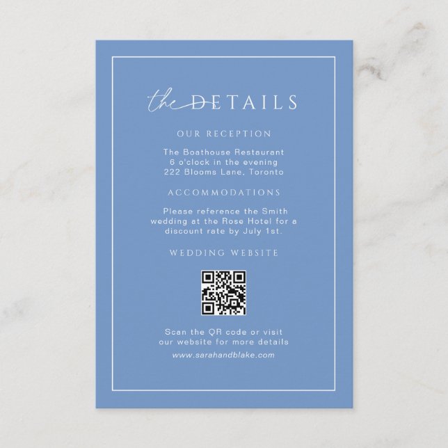 French Blue Minimal Wedding Details Insert QR Code (Front)