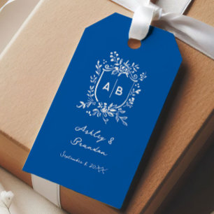 French Blue Monogram Crest Old World Wedding Gift Tags