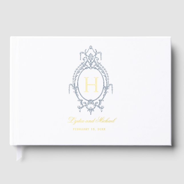 French Blue Ornate Baroque Monogram Wedding Guest Book (Front)