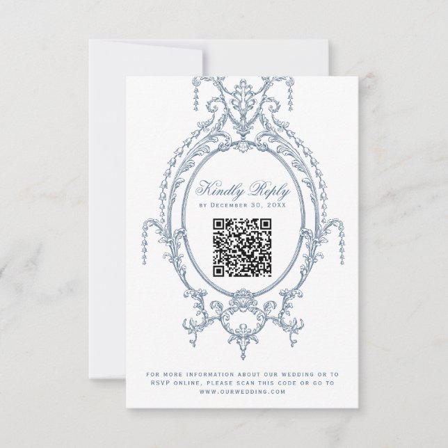 French Blue Ornate Baroque QR Code RSVP Card (Front)