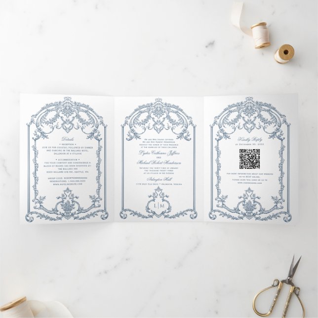 French Blue Ornate Baroque Tri-Fold Wedding  (Inside)