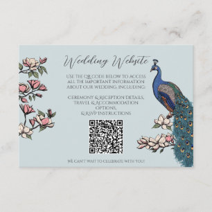 French Blue Peacock Hand-Drawn Wedding QR Enclosure Card