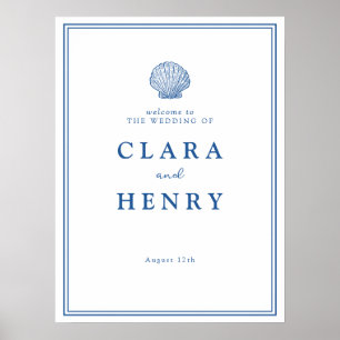 French Blue Seashell Coastal Wedding Welcome Sign
