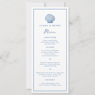 French Blue Seashell Long Wedding Menu Invitation