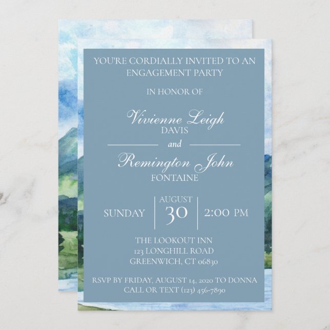 French Blue Serene Watercolor Lake Engagement Invitation (Front/Back)