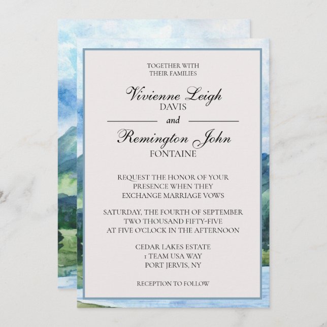 French Blue Serene Watercolor Lake Wedding Invitation (Front/Back)