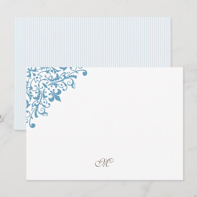 French Blue Stripe Fleur de Lis Initial Monogram Card (Front/Back)
