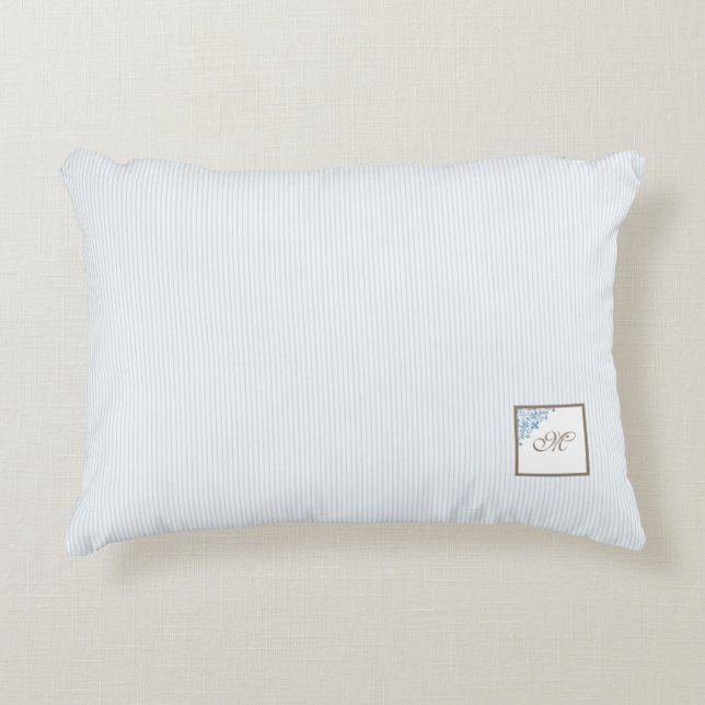 French Blue Stripe Fleur de Lis Script Monogram Accent Pillow (Front)
