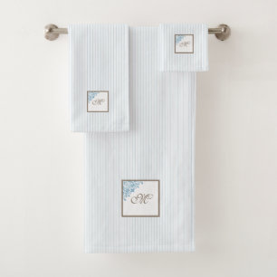 French Blue Stripe Fleur de Lis Script Monogram  Bath Towel Set