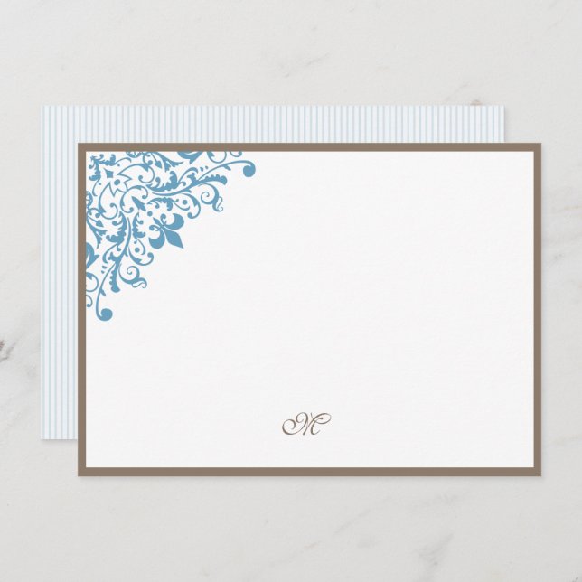 French Blue Stripe Fleur de Lis Script Monogram Card (Front/Back)