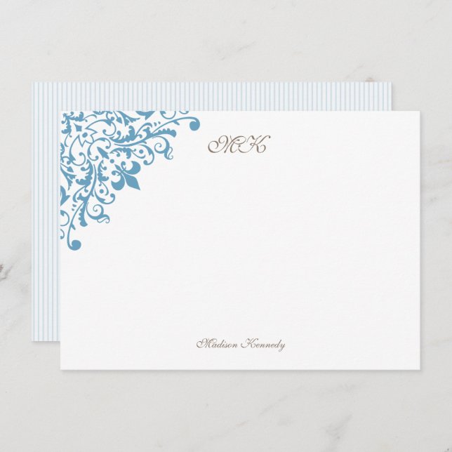 French Blue Stripe Fleur de Lis Script Monogram Card (Front/Back)