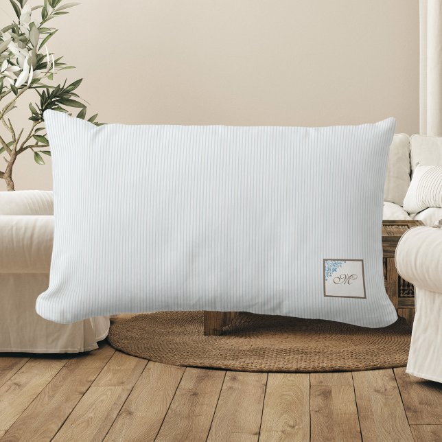 French Blue Stripe Fleur de Lis Script Monogram Lumbar Pillow (Creator Uploaded)