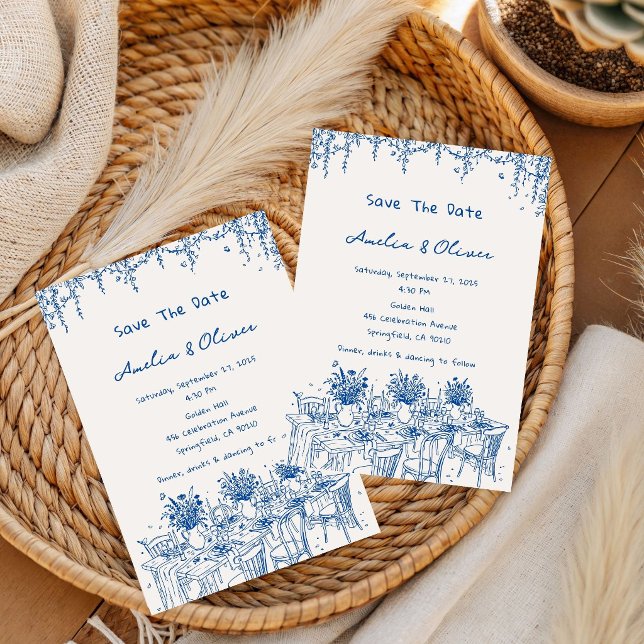 French Blue summer Romantic hand drawn wedding  Invitation (Creator Uploaded)