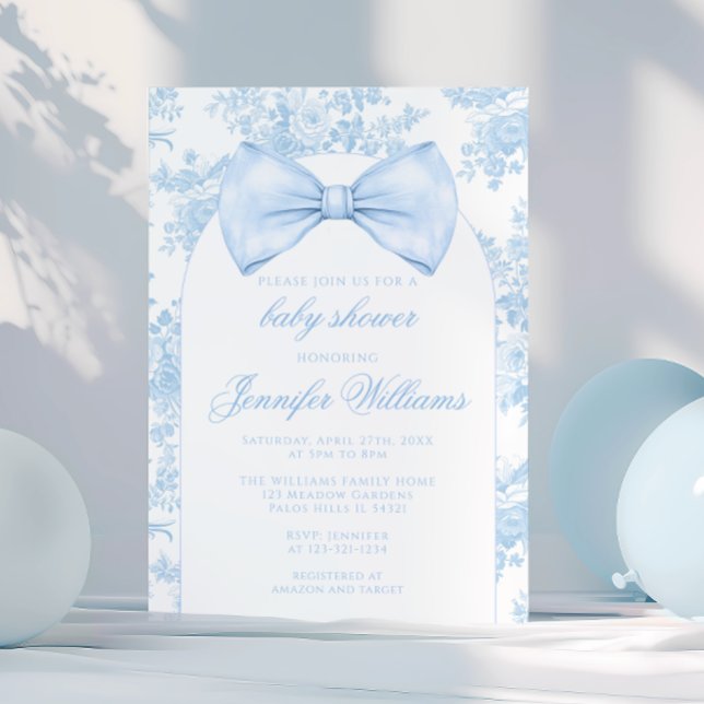 French Blue Toile Bow Tie Boho Baby Boy Shower Invitation (Creator Uploaded)